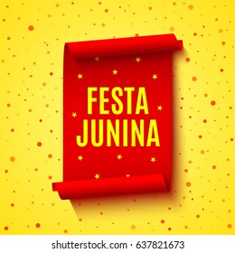 Red realistic ribbon. Decoration with name of Brazilian Festival. Paper scroll. Vector illustration. "Festa Junina" - June Festival.