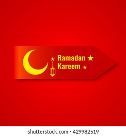 Red realistic ribbon. Moon, stars, arabic lamp. Muslim holiday. Vector illustration. "Ramadan Kareem" means generous month of Ramadan.