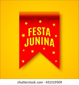 Red realistic ribbon with yellow stars. Decoration with name of Brazilian Festival. Vector illustration. "Festa Junina" - June Festival.