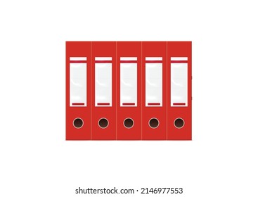 Red realistic ring binders for documents stand in row, vector illustration isolated on white background. Side view, folders for paper files and information. Business stationery, office