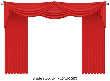 Red realistic silk vector curtains drapery isolated.