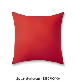 Red realistic square pillows. Template fluffy cushion