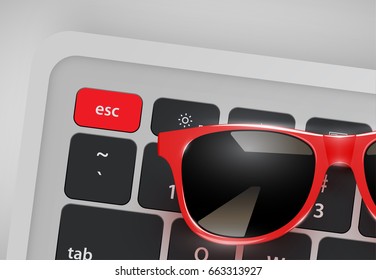 Red realistic sunglasses on desk with keyboard, vector illustration