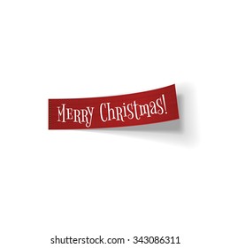 Red realistic textile bend Ribbon with Merry Christmas Text isolated on white background. Vector Illustration