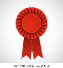 Red Realistic Textile Rosette with Ribbons. Vector Illustration
