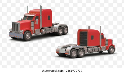 Red realistic tractor unit with long nose. Detailed textured image with highlights and shadow. Freight transportation, truck. Base for trailers of various types. Color vector