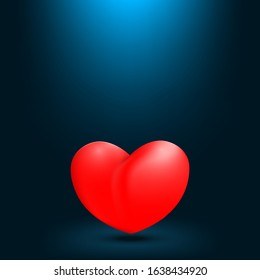 Red realistic vector heart on blue background. Love symbol for happy valentines day, mothers day, womens day greeting card 
