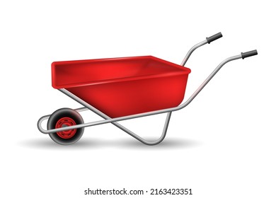 carretilla roja realista. Dispositivo de trabajo para transportar basura y ayudar con jardinería diseño técnico conveniente para la carga y gran ayuda en el trabajo de vectores domésticos