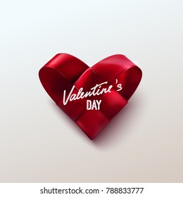 Red realistic woven heart. Valentines day symbol of braided satin ribbon heart shape. Vector holiday illustration. Love concept. Festive decoration element for Valentines day banner, postcard design
