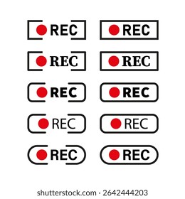Red REC buttons. Record symbol set. Video capture icons. Vector label shapes.