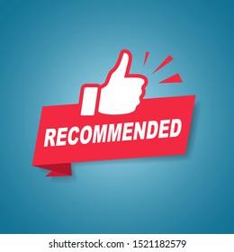 Red recommended label or sign with text and icon endorsing or praising a product or service, vector illustration