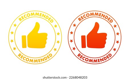 Red recommended stamp thumbs up rubber. Recommended print clip art. Recommended stamp. Flat design. Web design with red ribbon. Vector illustration