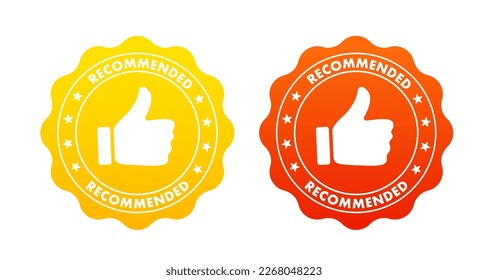 Red recommended stamp thumbs up rubber. Recommended print clip art. Recommended stamp. Flat design. Web design with red ribbon. Vector illustration