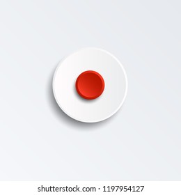 Red record button for music player isolated on white background. Cut paper