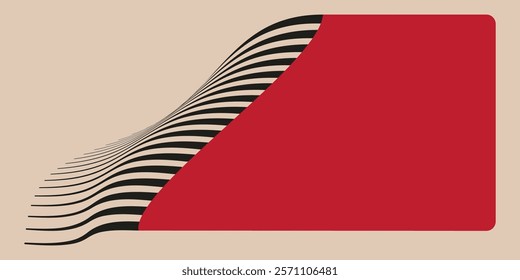 A red rectangle with a curved black and white striped section on the left side. Bauhaus composition.