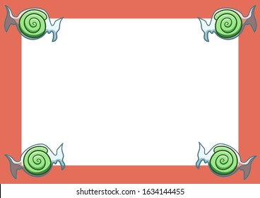 Red rectangle frame with green swirled candies in transparent wrapper in the corners. White copy space, vector.