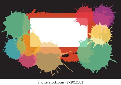 Red rectangle watercolor brush strokes frame with colorful splash, copy space and black background. 
