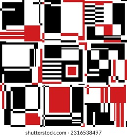 Red rectangles, black and white geometric elements. Abstract seamless pattern. Avant-Garde graphic style design. Vector illustration. SSTKabstrac