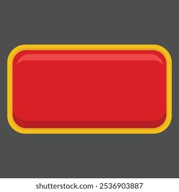 A red rectangular button with a glossy finish and a yellow border.