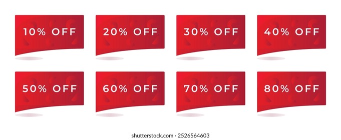 Conjunto de Anuncios de descuento rectangular rojo, Cupones en muchas variaciones porcentuales, oferta de 10% a 80%, Botón para aumentar las ventas en su Sitio web, gráfico de color de Vector