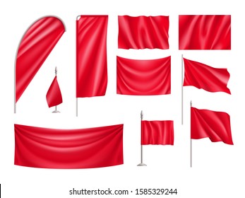 Red rectangular flags set isolated on white background. Realistic wavy flag on pole, expo banner, drop and desk flag mockups. Product branding, advertising and promotion vector illustration.