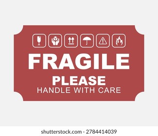 A red rectangular label with white text and symbols indicating fragility and careful handling instructions for shipping.