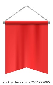Red rectangular pennant hanging from a metallic support by a white rope, isolated on white background, creating a vibrant and eye catching display