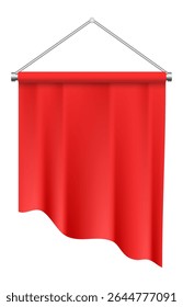 Red rectangular pennant hanging from a sturdy metal support, gently waving in the breeze against a clean white background, creating an ideal canvas for advertising or announcements