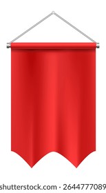 Flâmula retangular vermelha com uma borda inferior ondulada pendurada em uma barra transversal de metal fixada a uma parede com parafusos, acenando com o vento em um fundo branco