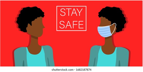 Red rectangular poster against coronavirus with white inscription "stay safe", black skin guy with afro hair, blue hoodie and his reflection: same man in medical mask. Vector graphics, illustration