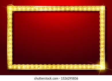 Red rectangular retro frame with glowing lamps. Vector illustration with shining lights in vintage style. Label for winners of poker, cards, roulette and lottery. Vetor illustration