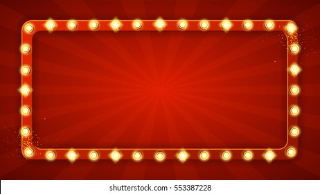 Red rectangular retro frame with glowing lamps. Vector illustration with shining lights in vintage style. Label for winners of poker, cards, roulette and lottery. - Shutterstock ID 553387228