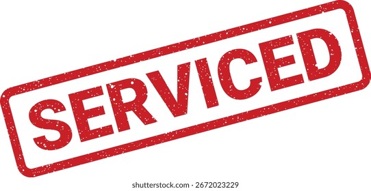 A red, rectangular rubber stamp with a distressed texture imprinted with the word SERVICED in bold white sansserif font.
