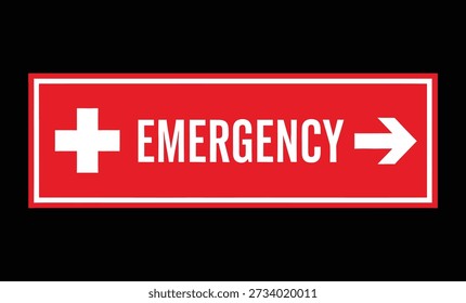 Una señal rectangular roja con texto blanco y símbolos que indican una salida o dirección de emergencia. El letrero presenta una cruz blanca a la izquierda y la palabra "EMERGENCIA" seguida de una flecha blanca que apunta a la derecha.