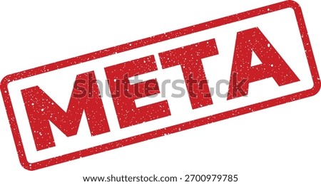 Red rectangular stamp design with the word META at an angle with grunge texture and imperfections. Useful for various design projects requiring an edgy or weathered look.