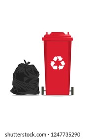 Red recycle bin with recycle symbol and Black plastic bag