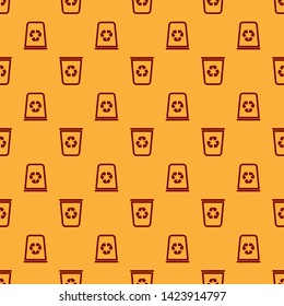 Red Recycle bin with recycle symbol icon isolated seamless pattern on brown background. Trash can icon. Garbage bin sign. Recycle basket sign. Vector Illustration