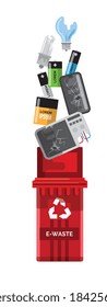 Basura de reciclaje rojo para la separación de desechos electrónicos en blanco