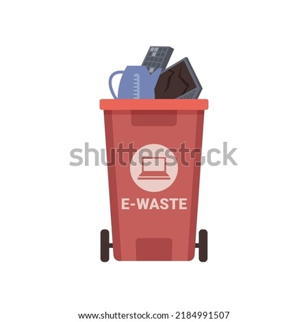 Red recycle garbage bin for e-waste isolated flat cartoon vector illustration. Separation of waste cans for recycling, reuse, reduce. Throw away electronic devices in trash can. TV, computer, kettle