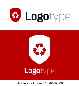 Red Recycle symbol inside shield icon isolated on white background. Eco protection sign. Logo design template element. Vector Illustration
