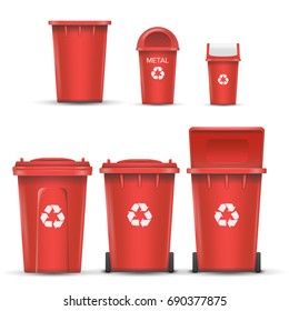 Red Recycling Bin Bucket Vector For Metal Trash. Opened And Closed. Front View. Sign Arrow. Isolated Illustration