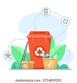 Papelera de reciclaje roja con contenedor de botella de plástico, caja de cartón e iconos sobre fondo blanco con hojas verdes. Gestión de residuos ecológicos. Ilustración vectorial