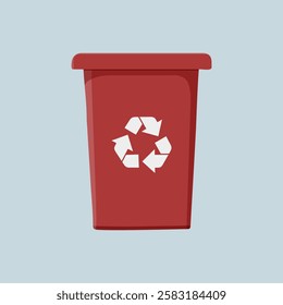 Red recycling bin with recycling symbol on a light blue background. The bin is red, symbolizing recycling and waste management. Simple and eco-friendly design. Aesthetic vector illustration.