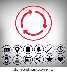 red refresh sign,and camera,location,trash,bell,brush,clock,drug,cone,calendar,share,star,heart, set icons