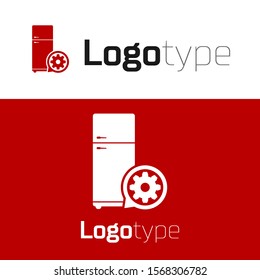Red Refrigerator and gear icon isolated on white background. Adjusting app, service concept, setting options, maintenance, repair, fixing. Logo design template element. Vector Illustration
