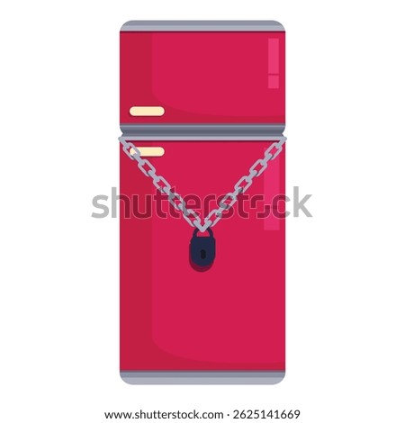 Red refrigerator is locked with a chain and padlock, representing the concept of dieting, healthy eating, and resisting unhealthy food cravings