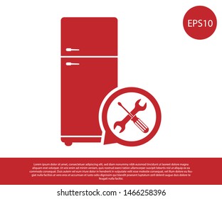 Red Refrigerator with screwdriver and wrench icon isolated on white background. Adjusting, service, setting, maintenance, repair, fixing.  Vector Illustration