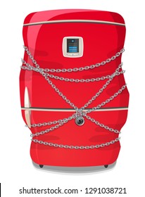 Red refrigerator wrapped in chains with lock - isolated on white. Vector illustration.