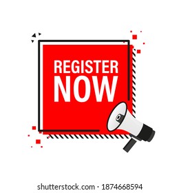 Red register now label in modern style on white background. Banner promotion. Click button. Sticker design.
