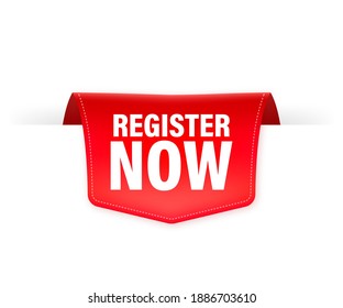 Red register now label in modern style on white background. Banner promotion.